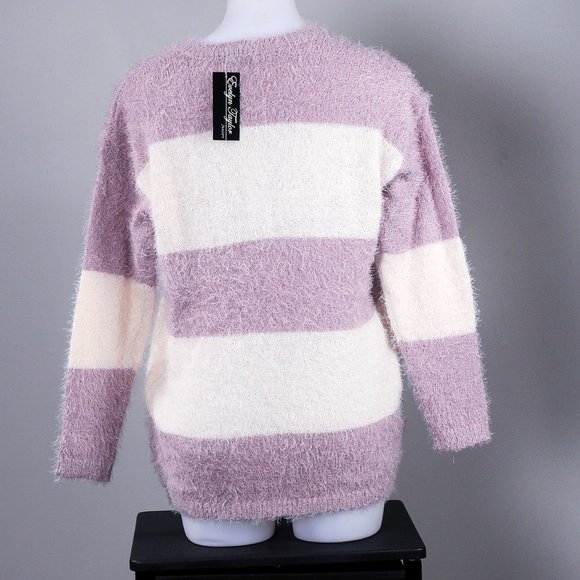 NWT Evelyn Taylor | Lilac & White Stripe Feather Yarn Sweater - M - Picture 5 of 7
